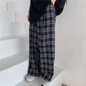 (black)Zoki Autumn Women Plaid Pants Casual Oversize Loose Wide Leg Trouser Retro Teens Plus Size Hip Hop All Match Streetwear WEF