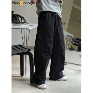 BlackHanOrange 2022 Autumn Elastic Drawstring Cago Pants Women Loose High Waist Straight Leg Casual Trousers Female BlackArmy Green DOU
