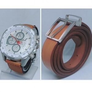 Men Brown Leather Belt + Wristwatch + Bracelet