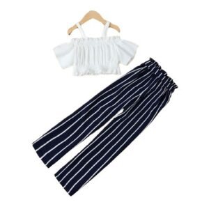 Girls One Neck Strapless Cami Top Striped Wide Leg Pants Set