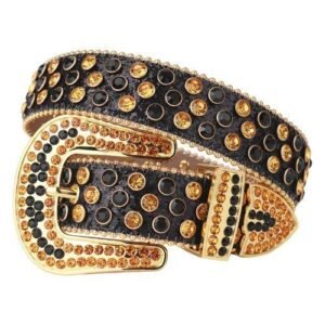 (Black Gold)Western Punk Rhinestones Belts For Women Man High Quality Bling Bling Diamond Crystal Studded Belt For Jeans Cowboy Cowgirl OLN