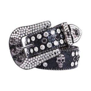 (Black)Head Skull Buckle Belts Women Pu-leather Strap Rhinestone Buckle Belts Western Cowboy Y OLN