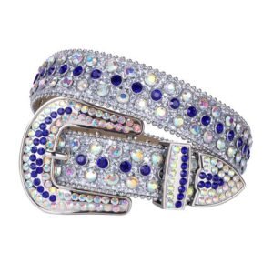 (Sliver Blue)Western Punk Rhinestones Belts For Women Man High Quality Bling Bling Diamond Cry OLN