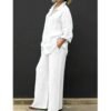 (White)Cotton Linen Suits Women Elegant Solid Long Sleeve Shirts Wide Leg Trousers Two Piece Sets Female Casual Straight Urban Sets XXA