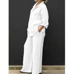 (White)Cotton Linen Suits Women Elegant Solid Long Sleeve Shirts Wide Leg Trousers Two Piece Sets Female Casual Straight Urban Sets XXA