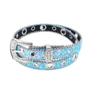Women Faux Leather Belt Sparkling Rhinestone Cowgirl Belt for Womens Blue