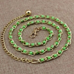 (Green)Fashion Imitation Pearl Beads Thin Waist Chain Belt Women Waistband Strap Dress Accessories