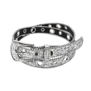 Women Faux Leather Belt Sparkling Rhinestone Cowgirl Belt for Womens Silver