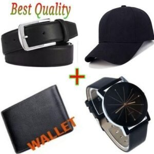 Quality Men Buckle Leather Belt+Wallet + Watch+Cap