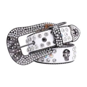 (White)Head Skull Buckle Belts Women Pu-leather Strap Rhinestone Buckle Belts Western Cowboy Y OLN