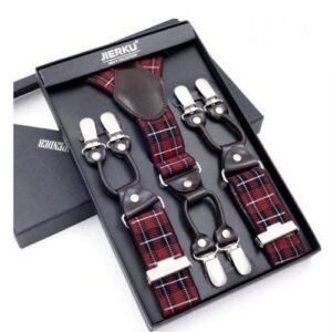 Men Suspender Belt Leather 6 Clip -Strip Red