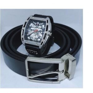 Men Black Leather Belt + Wristwatch + Bracelet