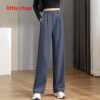 (Little Chap-grey)Women Chic Office Wear Straight Pants Vintage High  Ladies Trousers Baggy Korean