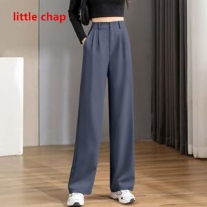 (Little Chap-grey)Women Chic Office Wear Straight Pants Vintage High  Ladies Trousers Baggy Korean