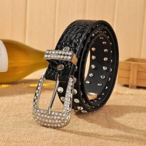 All-match Women's Rhinestone Inlaid Full Diamond Trousers Belts Black