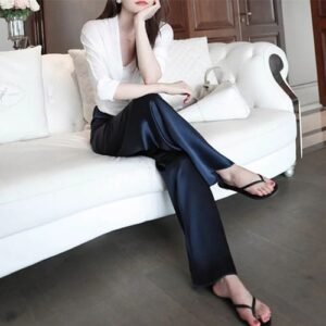 MCsons Navy Blue Corporate Office Female Palazzo Pants High Waist Elastic Band Trouser