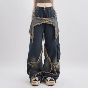 (Blue)Y2K Vintage Men Korean Blue Streetwear Oversize Star Aesthetic Straight Trousers Wide Leg Jea