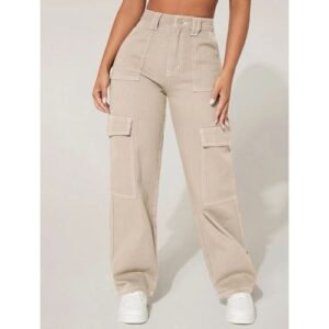 Solid Cargo Pant Beige With Free Scrunchies