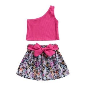 Toddler kids Baby Girl Clothes Short Sleeve 3D Flower Tops T-Shirt Leather Skirt  Outfits Clothes Summer