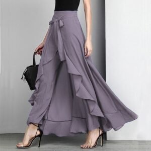 (BLACK)Women Palazzo Pants Causal Ruffle Drawstring Trouser Elegant High Waist Irregular Loose Pure Color Autumn Female Pant Skirt WEF