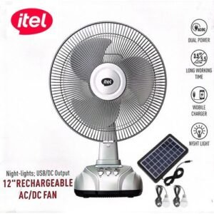 itel 12' Inches AC/DC Solar Rechargeable Fan With Panel & 2 Bulbs