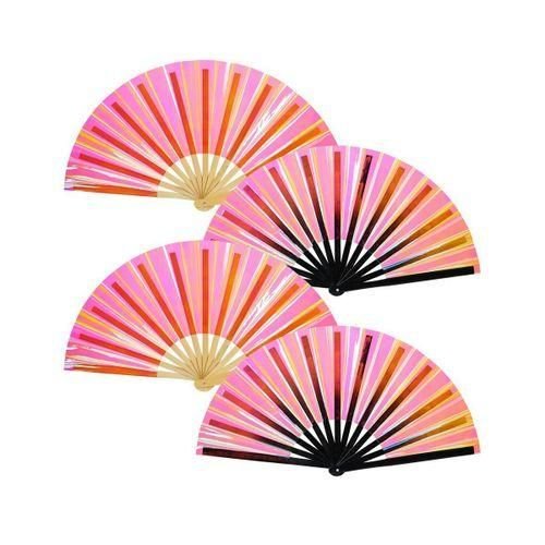 4Pcs Foldable Holographic Fan for Burlesque Women Men Rainb
