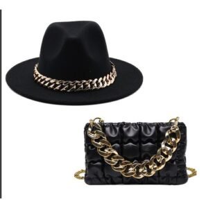AAFashions British Style Woolen Jazz Top Ladies' Hat and Bag European and American Big Brim Chain