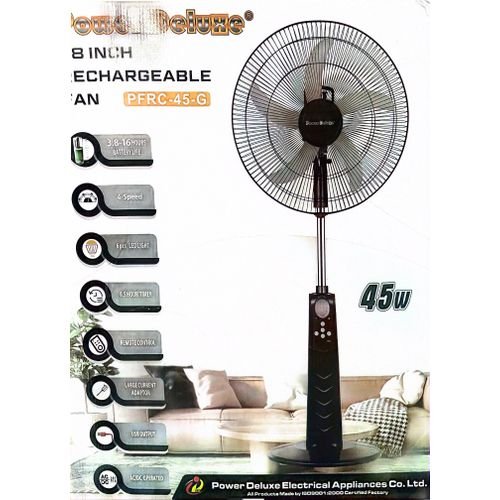 Power Deluxe 18" Inches 45w Rechargeable Fan With Remote + LED Light