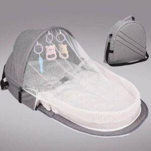 Portable Foldable Baby Beds Multi-function Crib Mummy Bag Travel With Mosquito Cover Grey