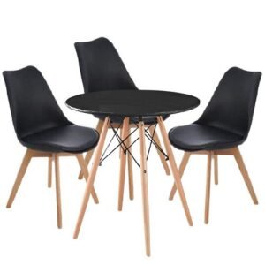 Modern Round Dining Table With 3 Padded Chairs Set-Black