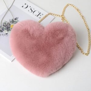 (Rubber Red)Fashion Women's Heart Shaped Handbags Cute Kawaii Faux Fur Crossbody Bags Wallet Purse Plush Chain Shoulder Bag Lady Handbag MAA