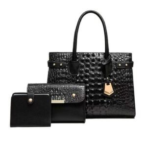 3 Set Leather Office Senior Ladies Handbag-Black