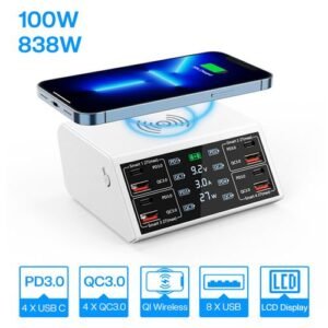 100W Quick Charger Station Wireless 8 USB A C PD LCD Display