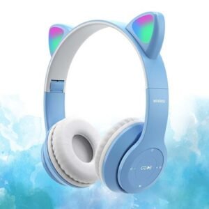Cat Ear Wireless Headset Volume Control Lightweight Light Blue