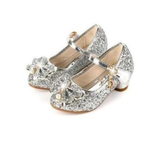 Princess Butterfly Leather Shoes Kids Diamond Bowknot High Heel Dance Shoe Silver