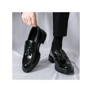 Flangesio Men's Italian Formal Shoes Black Tassels Slip On Leather Shoes Top Quality Business Loafers Office Oxford Shoes For Men Banquet Party Wedding Dress Shoes Luxury Male Social Shoes