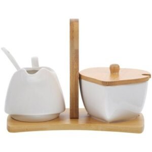 Ceramic Sugar Bowl and Cream Pitcher Set with Bamboo y and Spoon for Home el