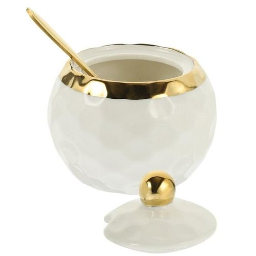 Ceramic Sugar Bowl Lid Sugar Salt Container Decorative Porcelain Condiment Jar Home Kitchen Accessories Golden White 320Ml