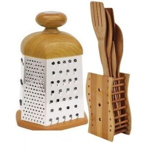 5 Set Of Kitchen Wooden Spoons + Grater With Wooden Handle Combo