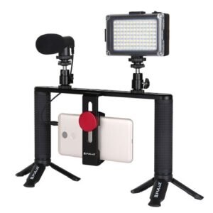 4 In 1 Live Broadcast LED Selfie Light Smartphone Video Rig Handle Stabilizer Aluminum Bracket Kits With Microphone + Tripod Mount + Cold Shoe Tripod Head