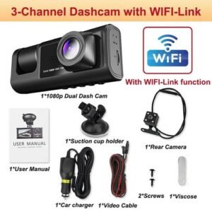 3 Channel Car DVR HD 1080P Dash Cam For Car 2 Inch Screen Dashcam Black Box Driver Video Recorder Car DVR Rear View Camera-With WiFi_WHITE_NONE Card_64G