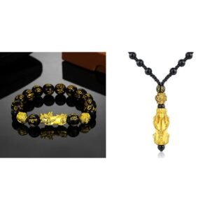 Feng Shui Black Obsidian Bracelet And Necklace Jewelry Set