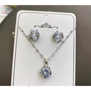 Silver Plated Round Cubic Jewelry Set- Silver  (Necklace & Earrings