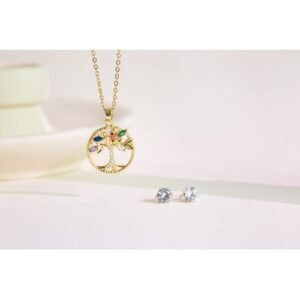 Vibrant Tree Of Life Jewelry Set - Colorful Tree Pendant Necklace & Rhinestone Stud Earrings