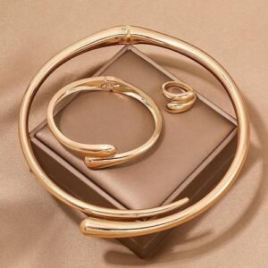 New Hip Hop Jewelry Set Open Necklace Bangle Ring Set For Women Girls - Gold