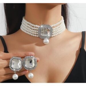 Five Strands Collar Planet Choker Pearl Necklace For Women Girls Wedding Vintage Gifts Set Party Jewelry - White