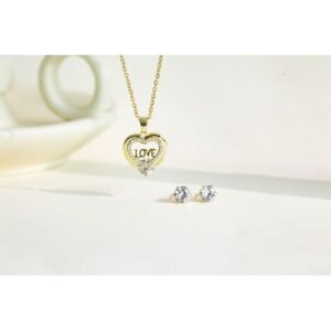 Double-Layer Heart Jewelry Set - Rhinestone Stud Earrings & LOVE Monogram Pendant Necklace