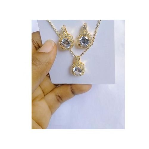 Gold Plated Cubic Zirconia Jewelry Set- Gold (Necklace & Earrings)