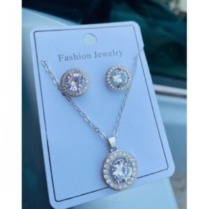 Silver Round Cubic Jewelry Set- Gold (Necklace & Earrings