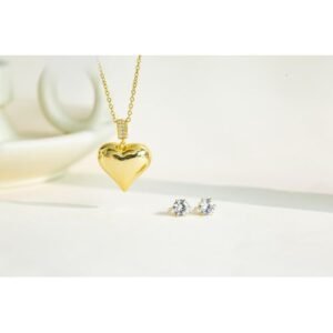 Timeless Heart Jewelry Set - Shiny Glossy Heart Pendant Necklace & Rhinestone Stud Earrings